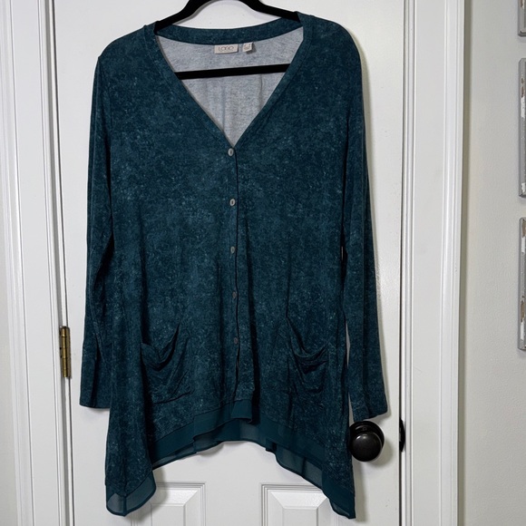 LOGO by Lori Goldstein Sweaters - Teal Button-Up Cardigan
